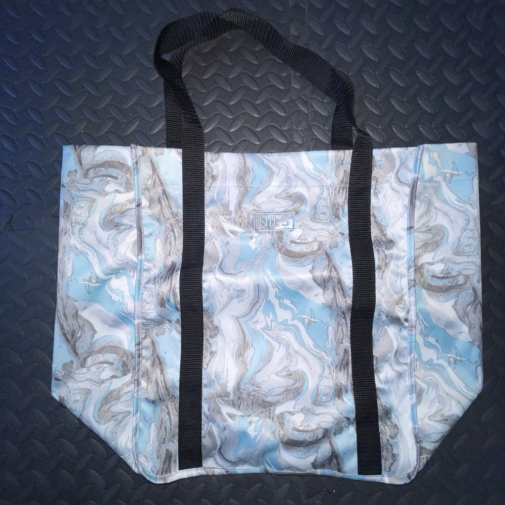 NILS Marble Print Design Blue Grey White Logo Tote Bag Reusable Shopping Beach